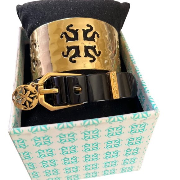 Rustic Cuff Bracelet Set Goldtone Cuff and Stretch Black Buckle - Picture 1 of 5